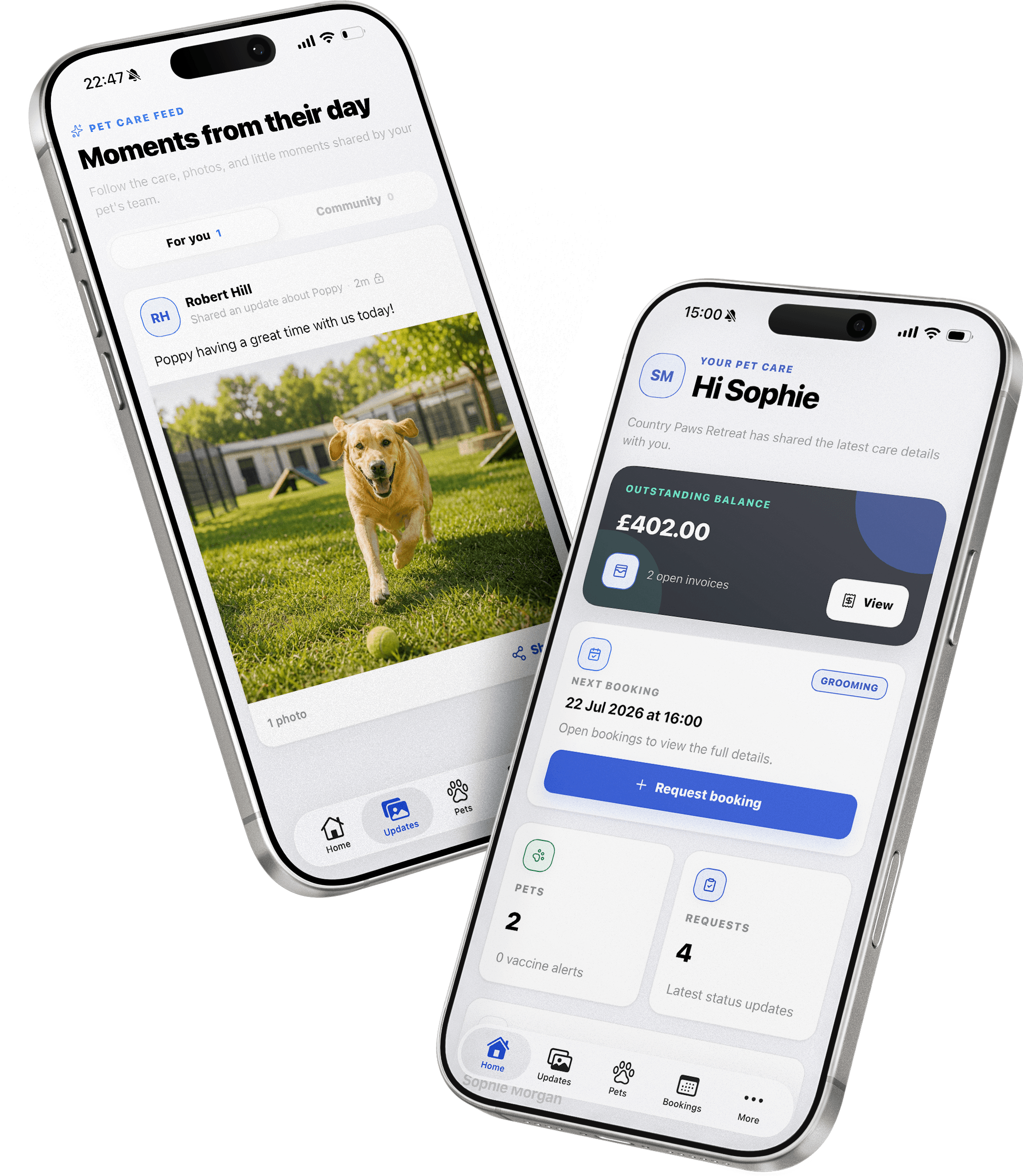 Two NumaPet customer app screens showing pet profiles and a pet care update