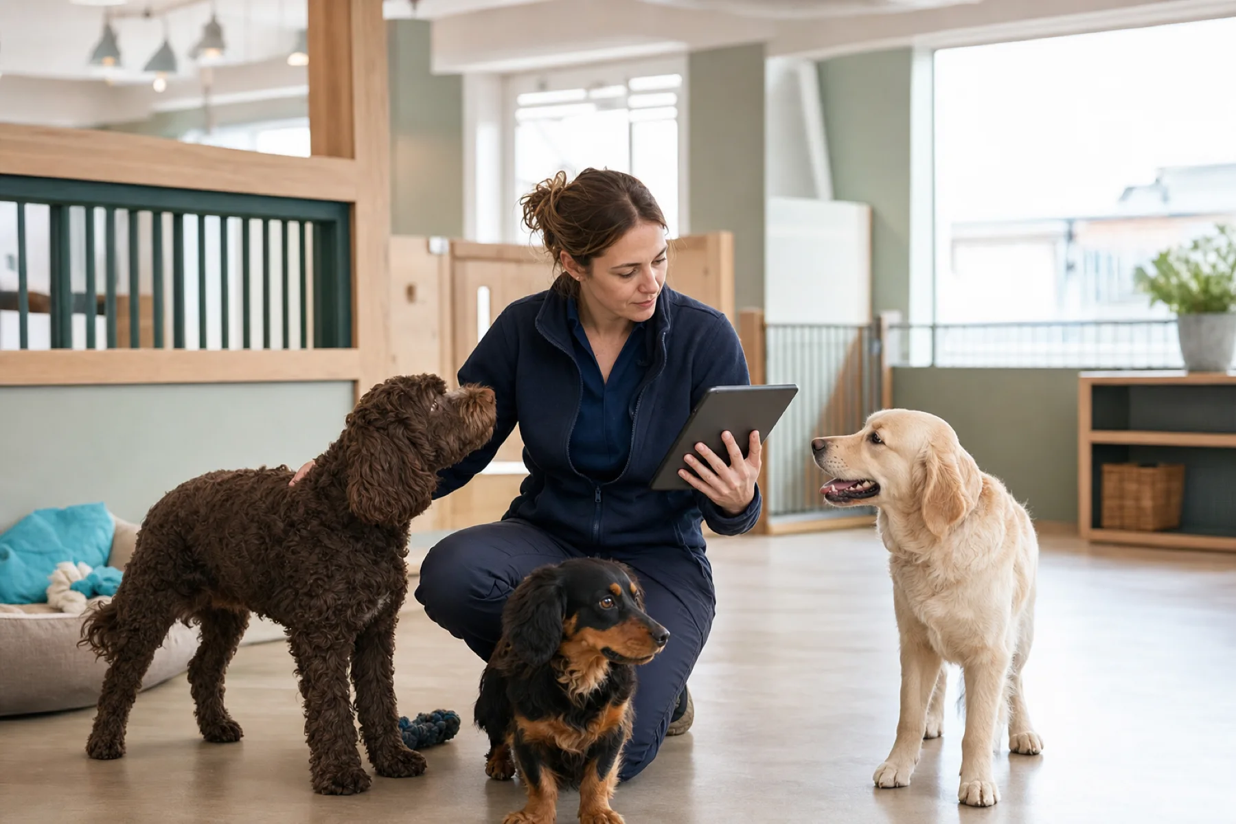 A pet-care manager checking a tablet while caring for dogs