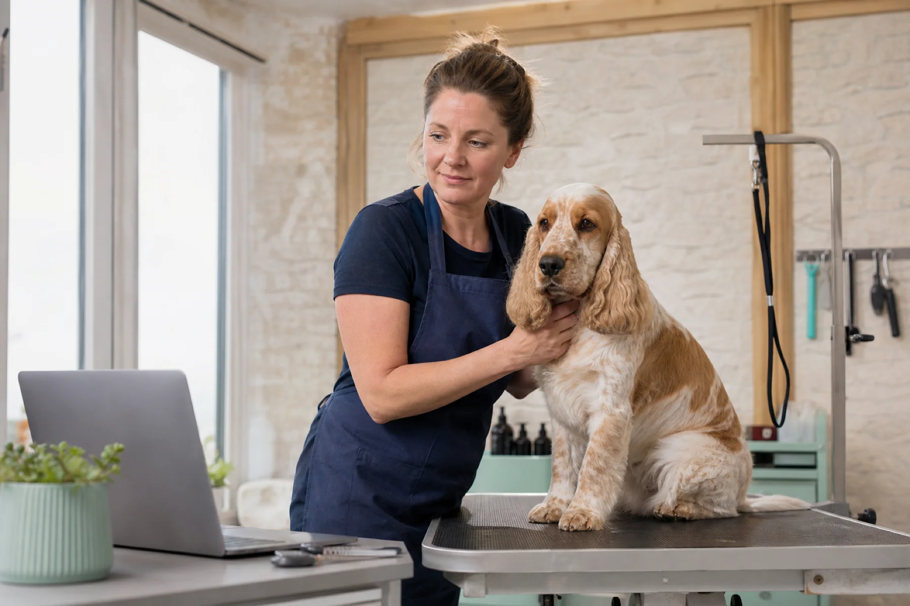 A dog groomer with a spaniel in a modern grooming studio