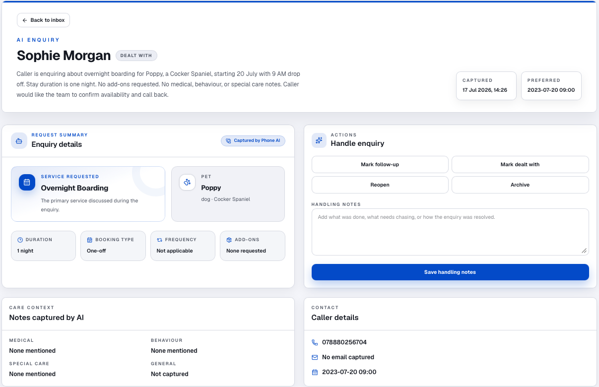 NumaPet AI enquiry showing the request summary and enquiry handling controls