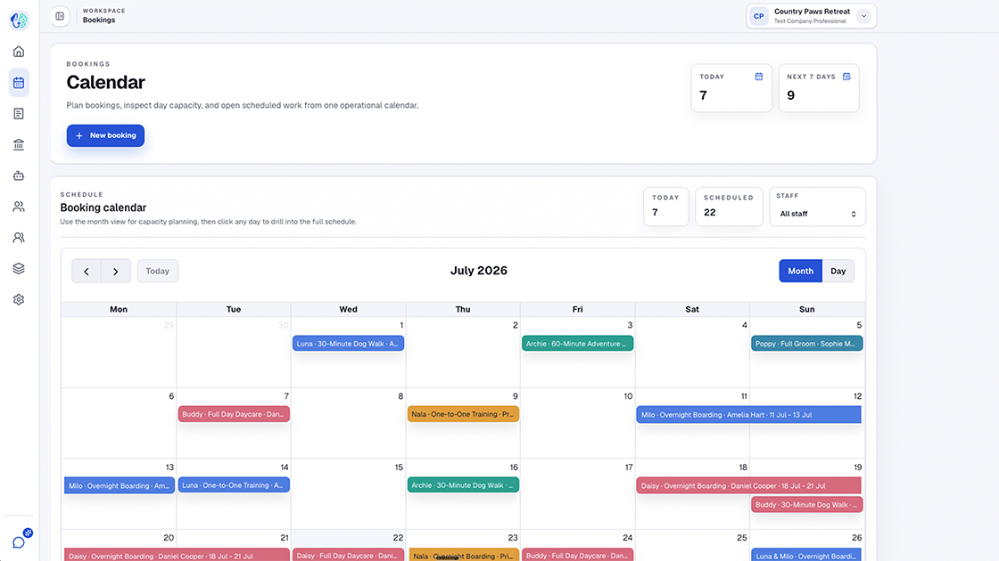 NumaPet booking calendar illustrating daycare bookings across the month