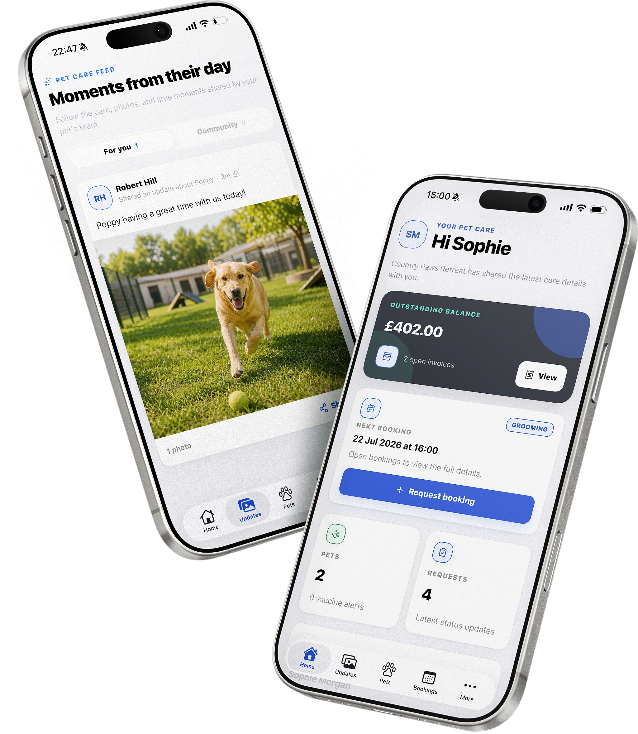 Two NumaPet customer app screens showing a pet update and upcoming booking details